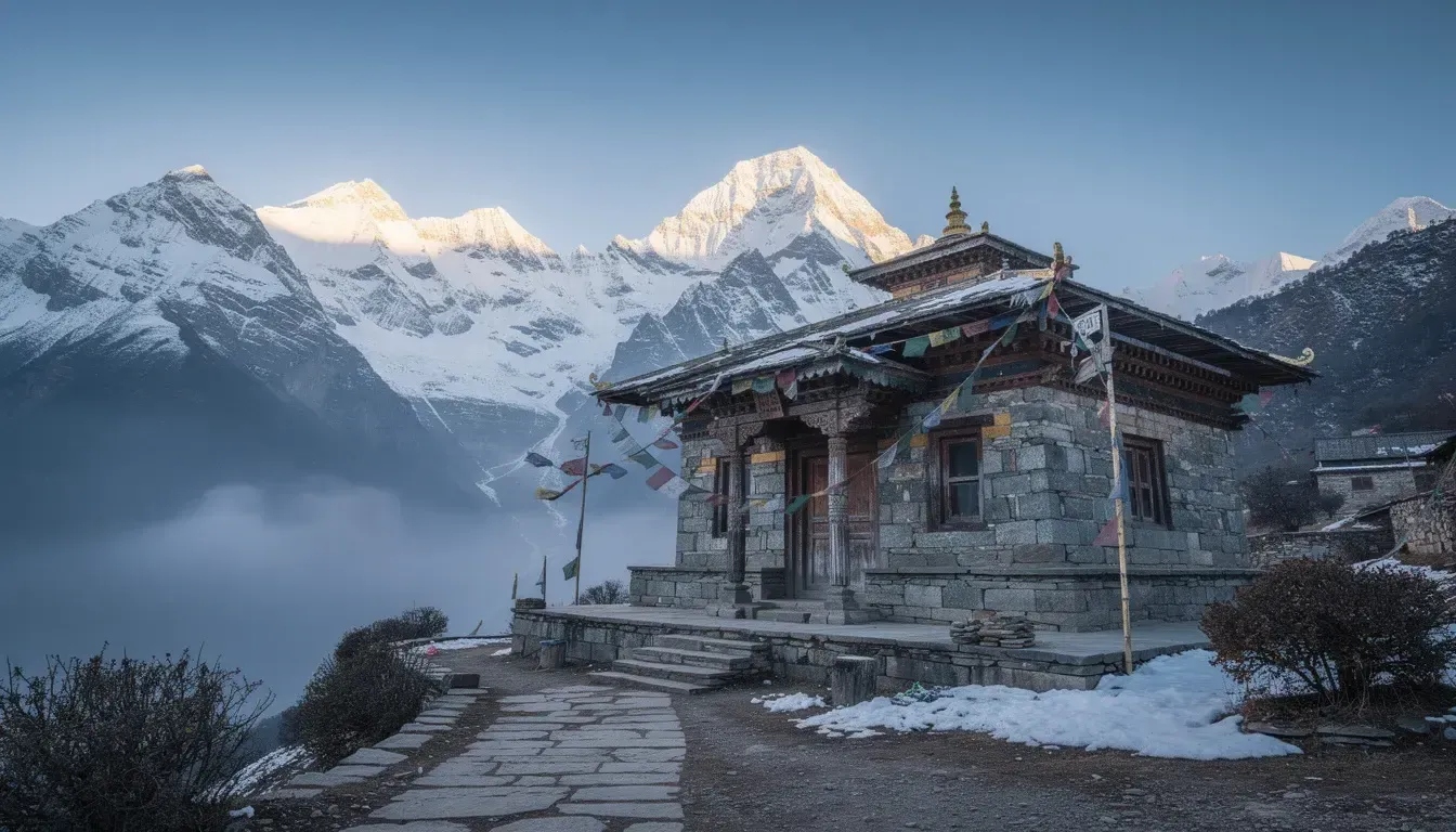 The image depicts majestic snow-capped Himalayan mountains towering in the background, with a traditional stone temple dedicated to Lord Shiva in the foreground. This serene setting is a popular destination for devotees during the sacred festival of Maha Shivaratri, where rituals and chanting prayers take place amidst the breathtaking natural beauty.